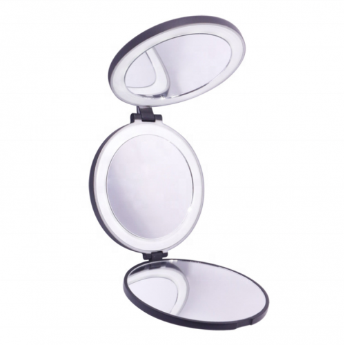 Tri-fold Kompakt Rejsespejl med LED (5x og 10x forstørrelse) - Sort